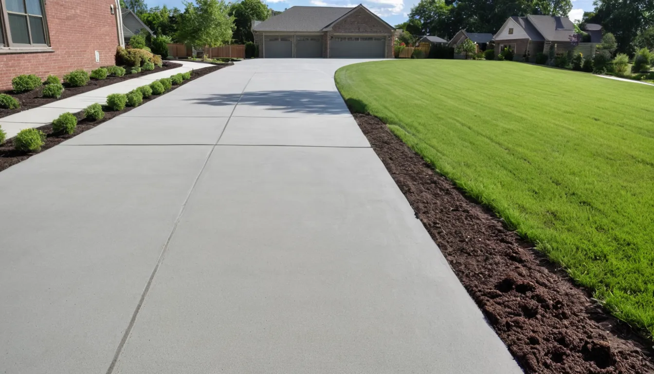 A freshly poured concrete driveway beside a tidy ranch home in Ravenna